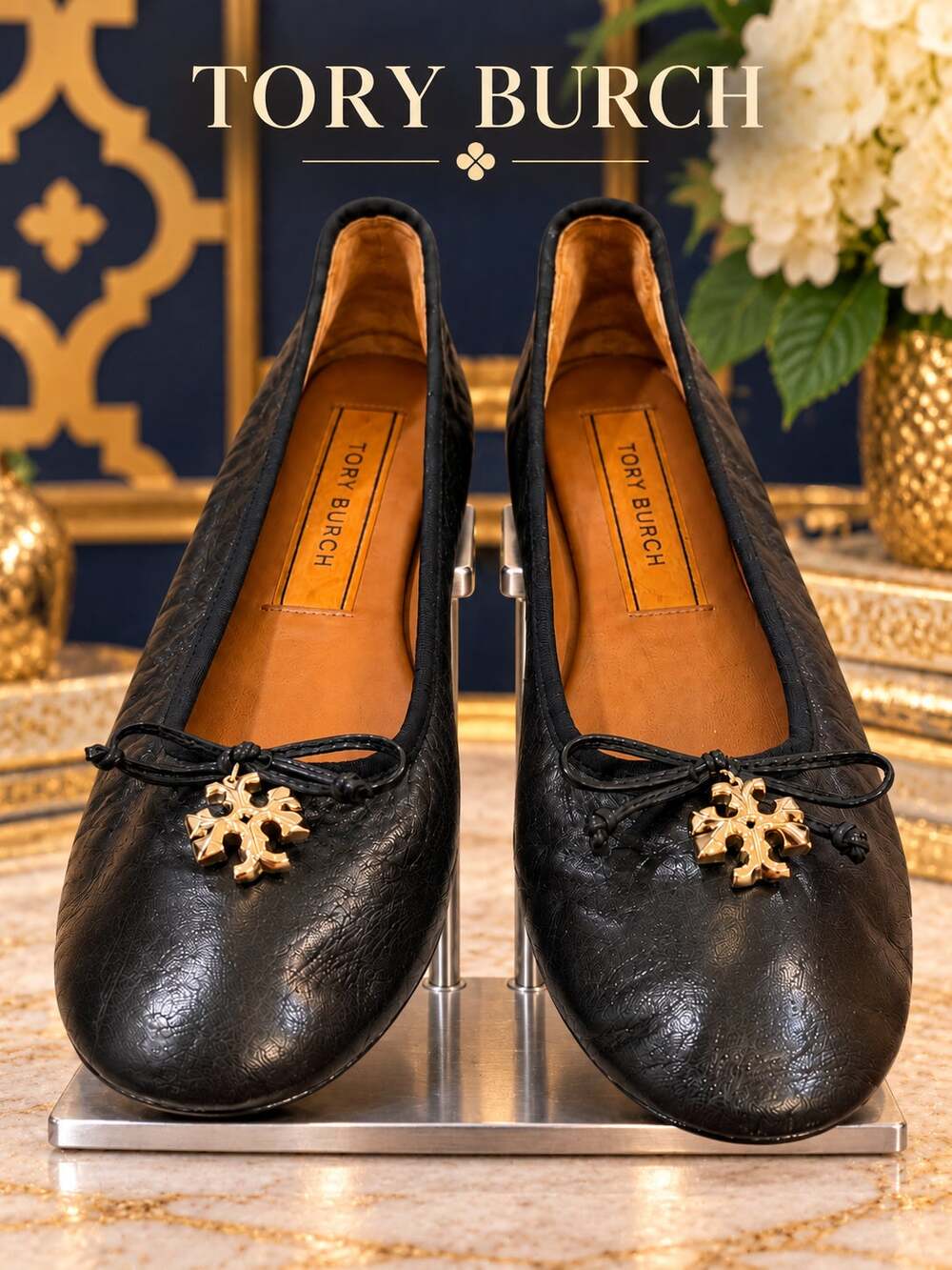 Tory Burch Charm Ballet Flats Black Leather Gold Logo Women’s Size 9.5 M